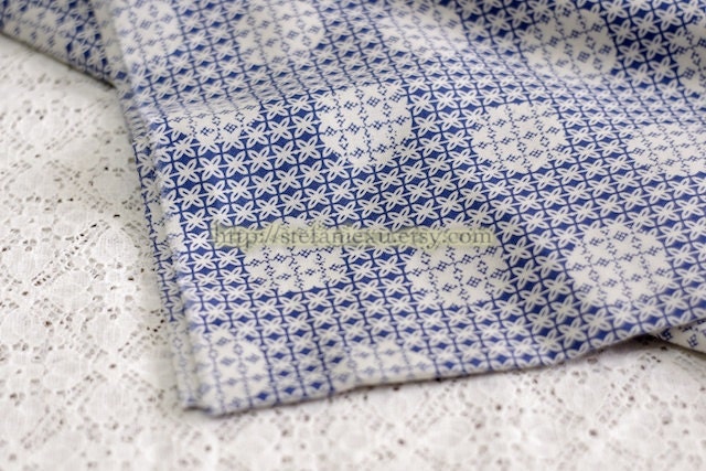 Japanese Sateen Cotton Fabric-White Blossoms On Retro Blue (Fat Quarter)