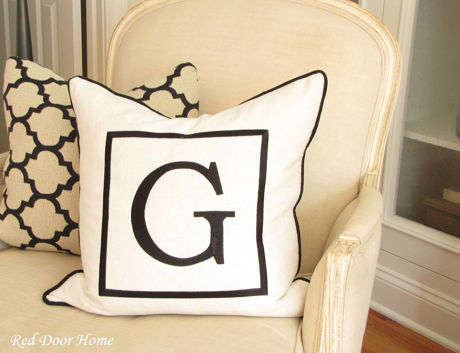 Custom Embroidered Initial Letter Monogram Linen in a Box Pillow Black and White