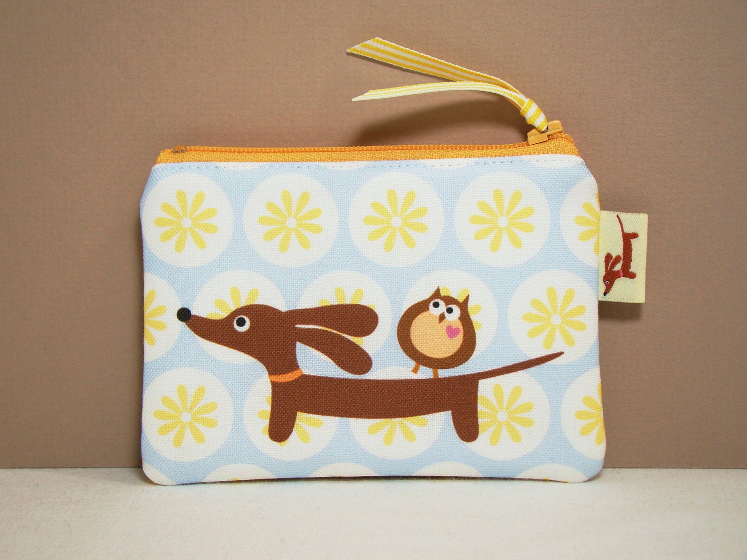 Dachshund Coin Purse - Doxie and Owl in the Sunny Sky Daisy Dot Garden