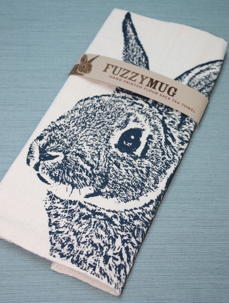 Fuzzy Bunny in Navy - Hand Printed Flour Sack Tea Towel (Unbleached Cotton)
