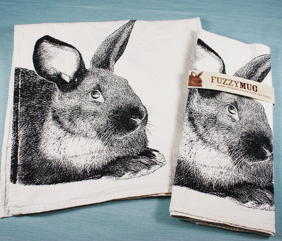 My Pet Rabbit in Black - Hand Printed Flour Sack Tea Towel (Unbleached Cotton)