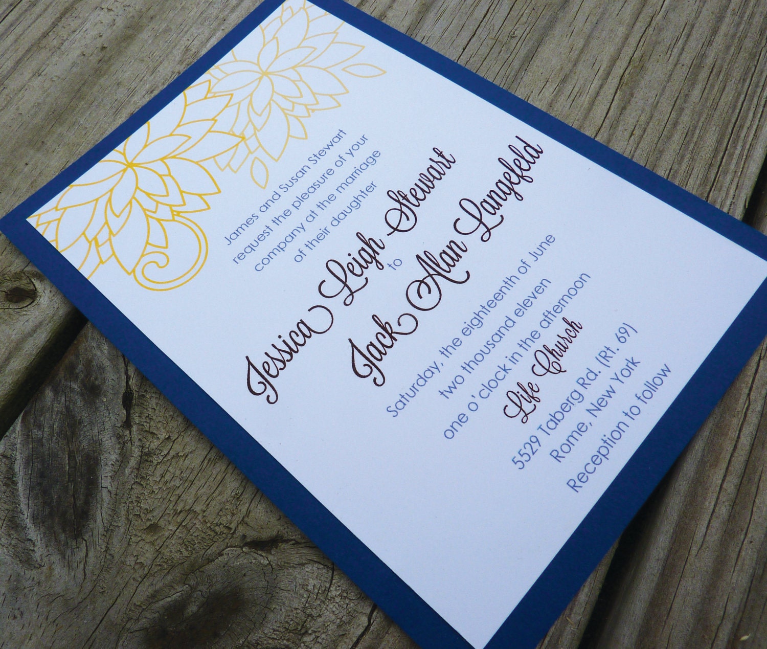 Modern Chrysanthemum Blue & Yellow 5X7 Floral Wedding Invitations with Belly Band