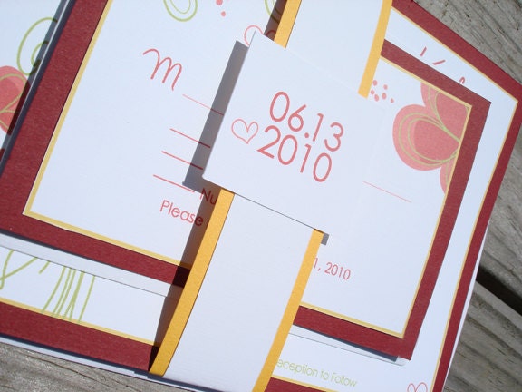 Sweet Hearts Red, Green & Yellow Floral Wedding Invitation with Belly Band