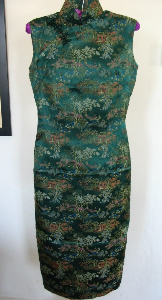 Dark Green Satin Brocade Pagoda Boat Cheongsam Dress Size M
