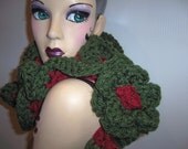 CHRISTMAS COLORS Diva Scarf Handmade Crochet Thick Warm Curly Spiral Ruffles w/Large Flower 75 Inches Long