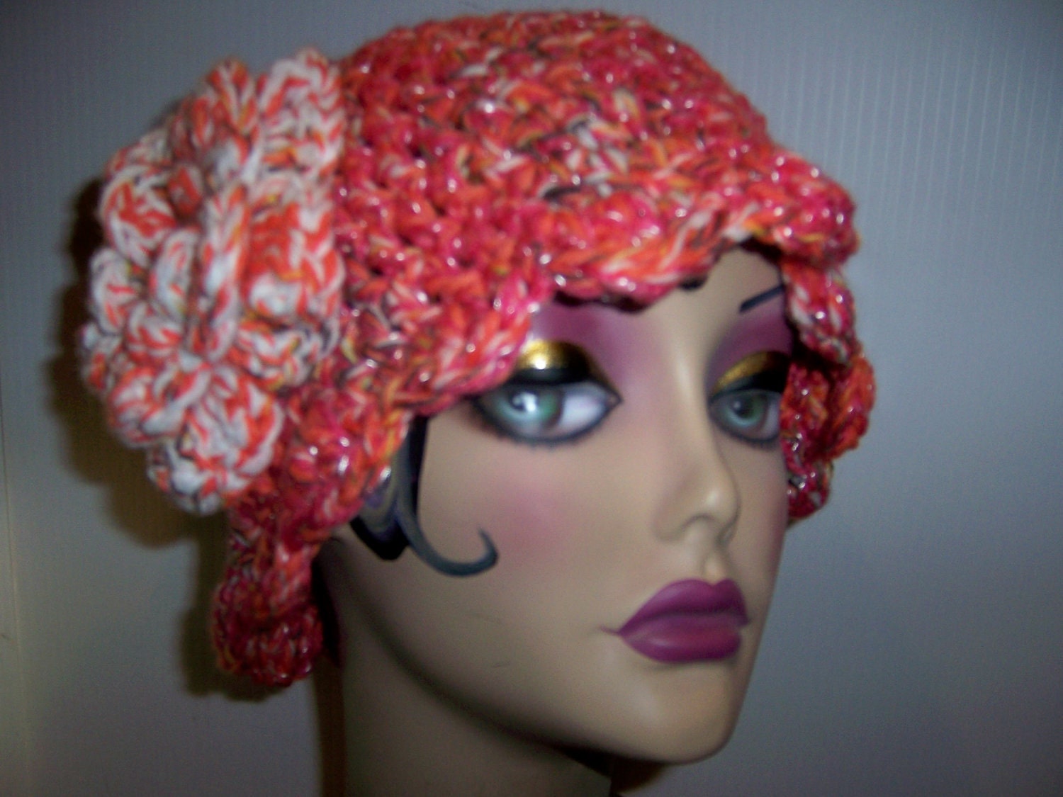 PEARLY PEACH Hat Handmade Crochet Goddess Cloche w/Large Flower and Vintage Button