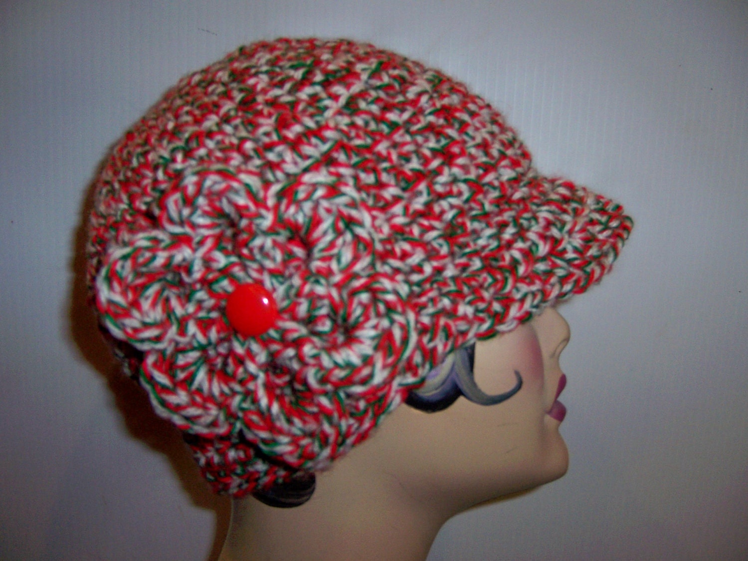 CHRISTMAS CHEER Hat Handmade Crochet Bulla Newsboy Baseball Cap w/Flower and Vintage Button