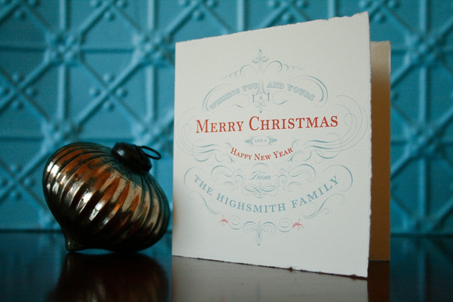 Personalized Christmas Cards, Custom Vintage Christmas Cards, Holiday Card Set - blue and red - Set of 10