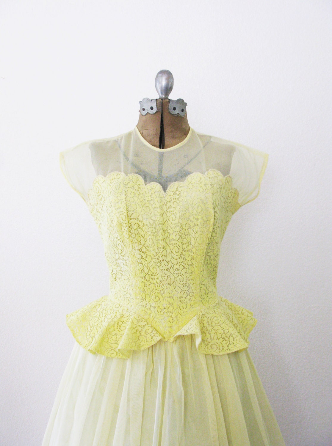 Vintage 1950's Romantic Lemon Lace Peplum Dress