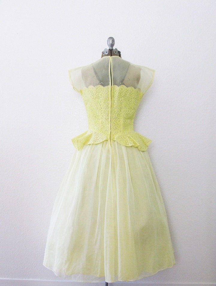 Vintage 1950's Romantic Lemon Lace Peplum Dress