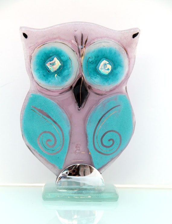 rose-colored owl Sculpture  Housewarming fused glass Gift