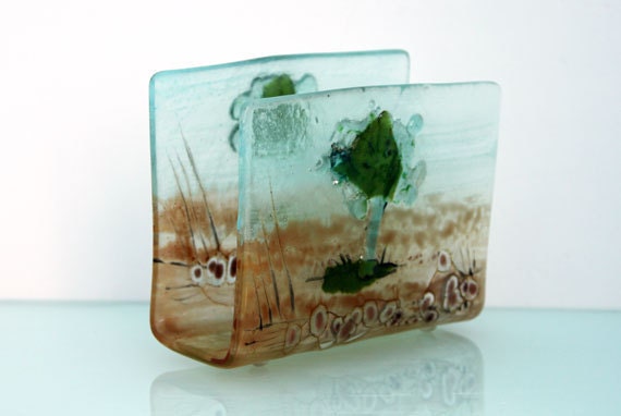 napkin holder,  Fused Glass Earth toning landscape