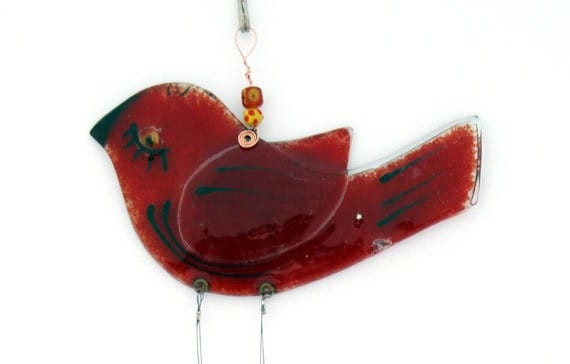 fused glass Wind Chimes,  Suncatcher , red bird