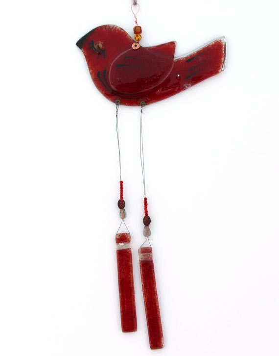 fused glass Wind Chimes,  Suncatcher , red bird
