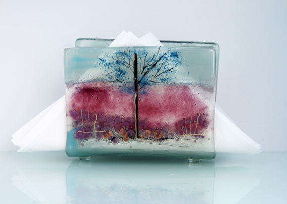 Fused Glass napkin holder ,  landscape shades of transparent blue and pink.