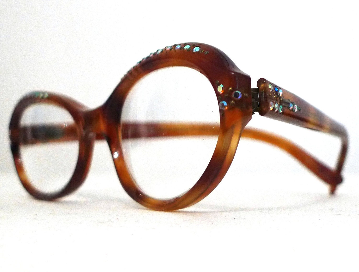 Frame France Tortoise Shell Rhinestone Eyeglasses, Amber Brown Horn Rimmed Eye or Sun Glasses