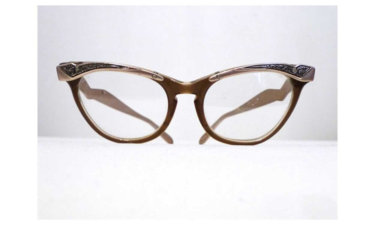 SALE Cat Eye Glasses / Eye Frames, Combination Aluminum and Brown Sunglasses,  Metal Accents