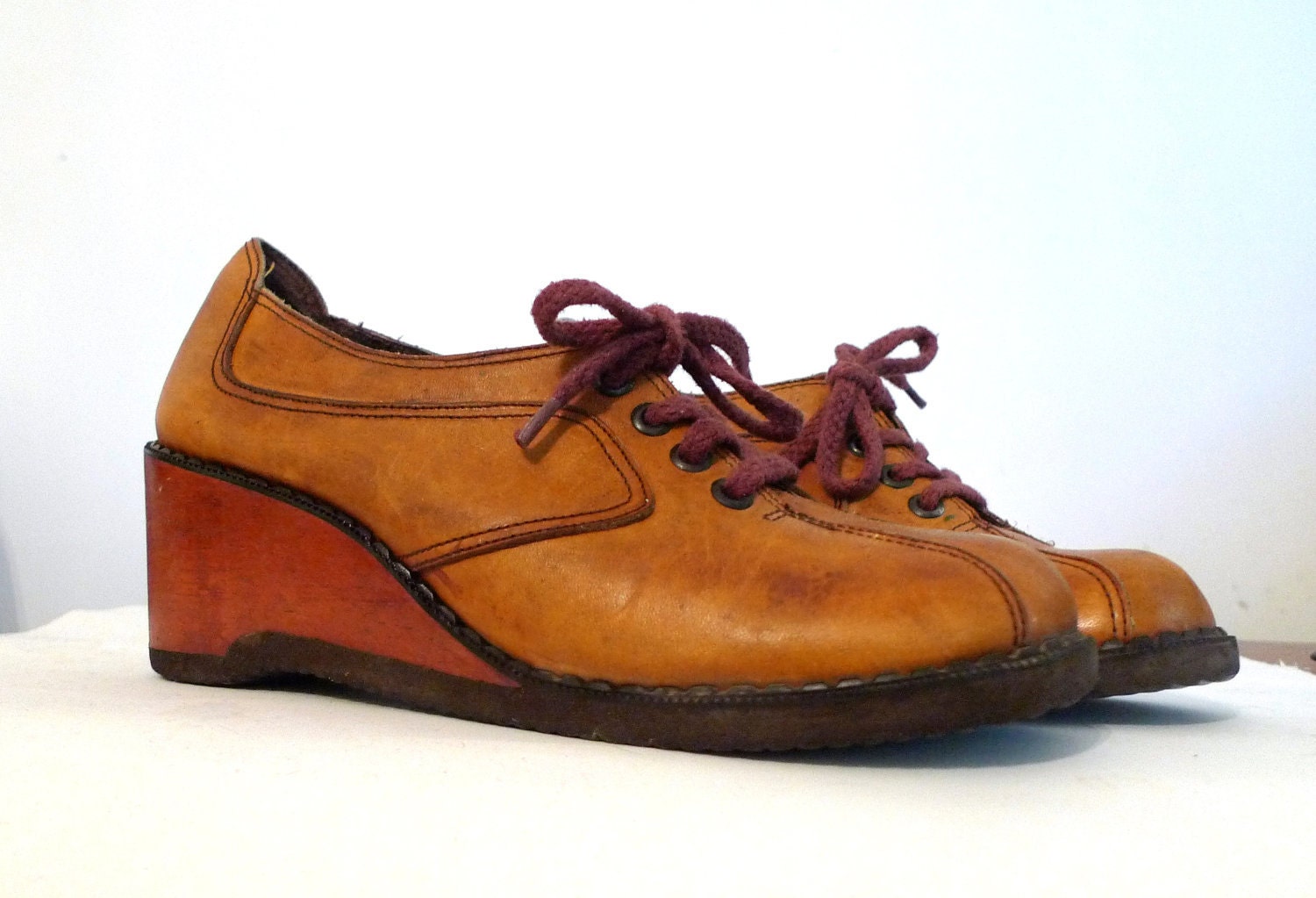 Sale 1970s Wood Heel Shoes // Dazed and Confused Leather Wooden Platform Oxford Sneakers, Sz. 7.5