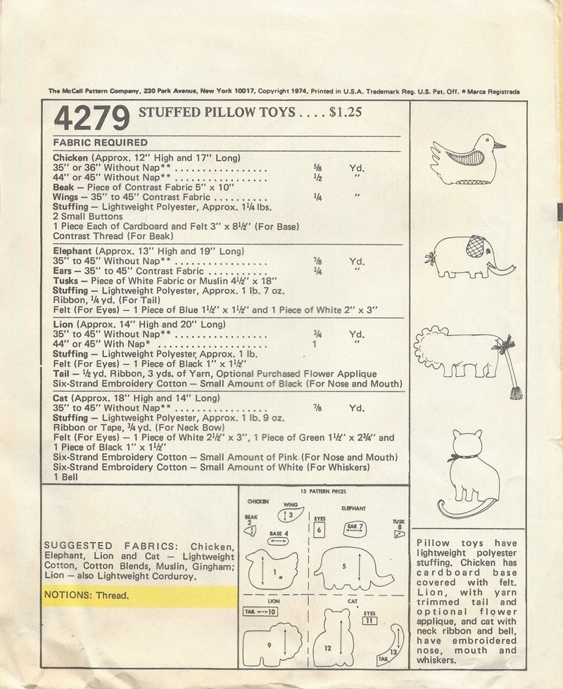 Vintage 1970s Stuffed CALICO PILLOW TOYS Pattern - One Size - McCall's 4279