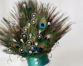 Teal Peacock feather Cake Topper Crystals Wedding Rhinestone Swirls Wedding reception Accessory Birthday Anniversary cakes decoration