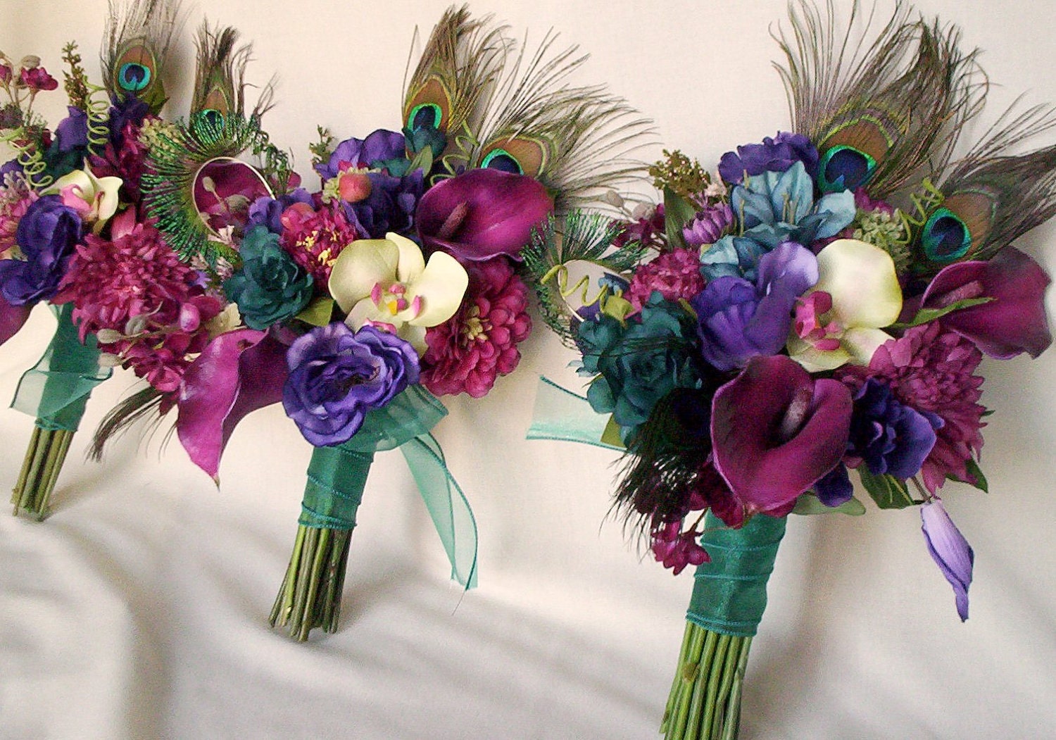 Teal Peacock feather Bridal Bouquet Brides maids artificial wedding flowers purple, Raspberry, pink bokay package custom for Terianna