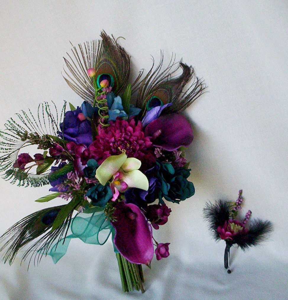 Teal Peacock feather Bridal Bouquet Brides maids artificial wedding flowers purple, Raspberry, pink bokay package custom for Terianna