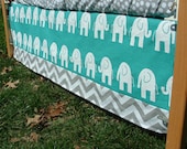 PREMIUM Crib Skirt with Border : Turquoise, Teal and Gray Elephants