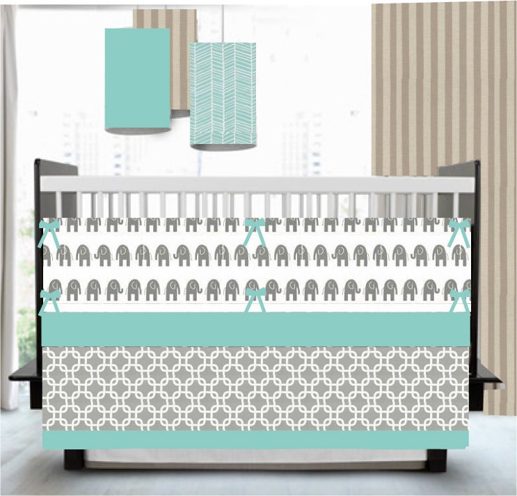 Fresh Aqua and Gray - - Chevron, Elephants, Ikat - Custom Crib Bedding Set - Blanket, Fitted Sheet, Crib Skirt - Grey, Blue, Robins Egg