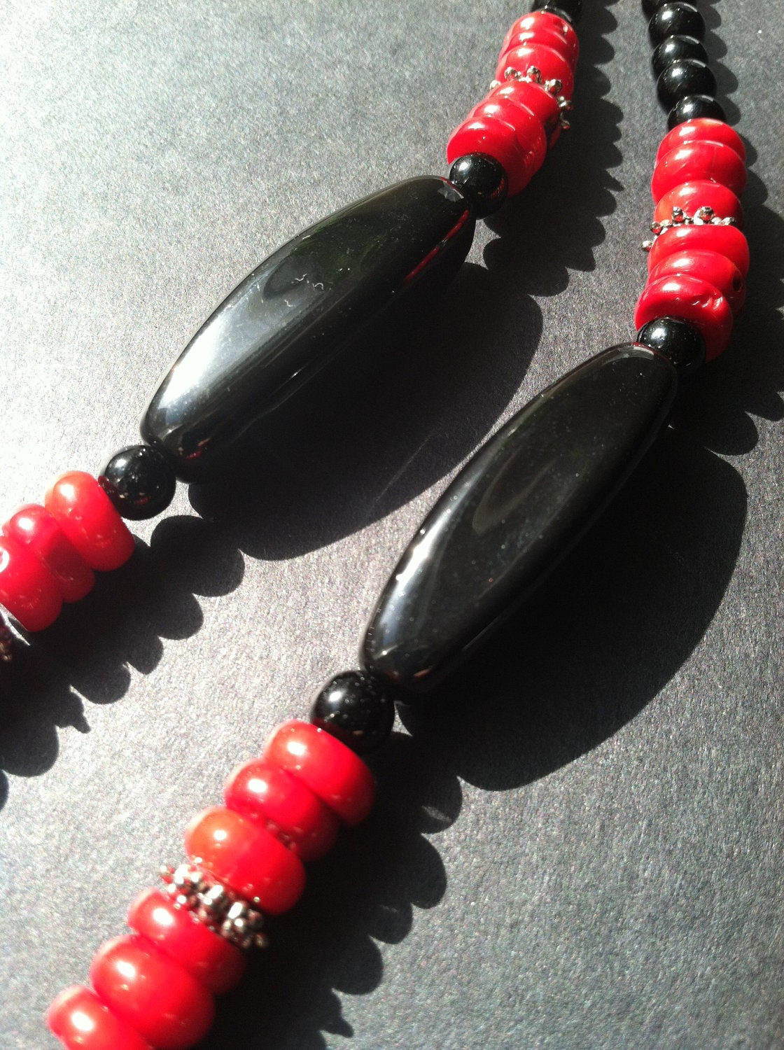 Black Onyx and Red Coral with Silver Toggle Clasp, Beaded Necklace