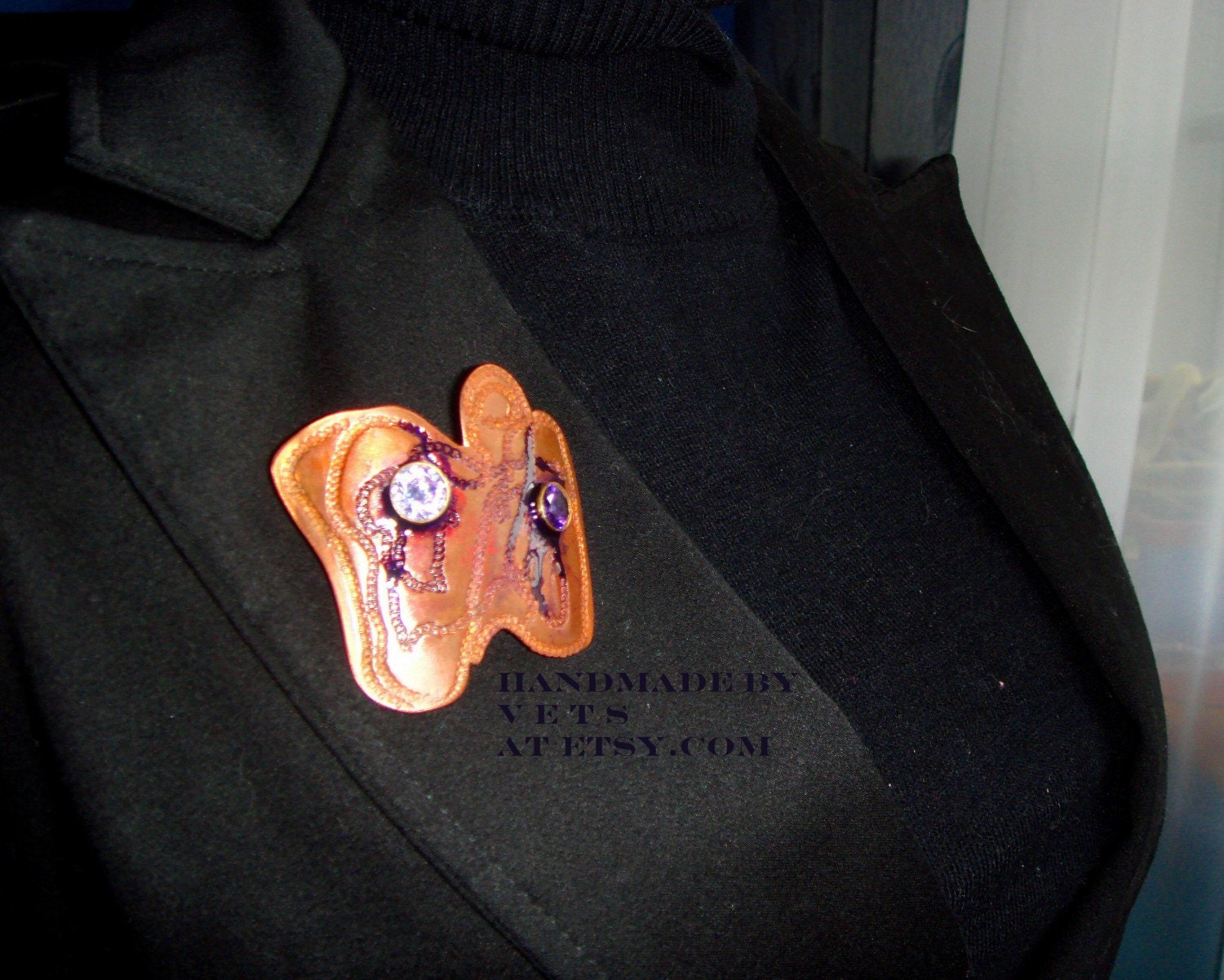 Copper Art, Brooch with Large Hand Set CZ Purple Stones - Sale Price