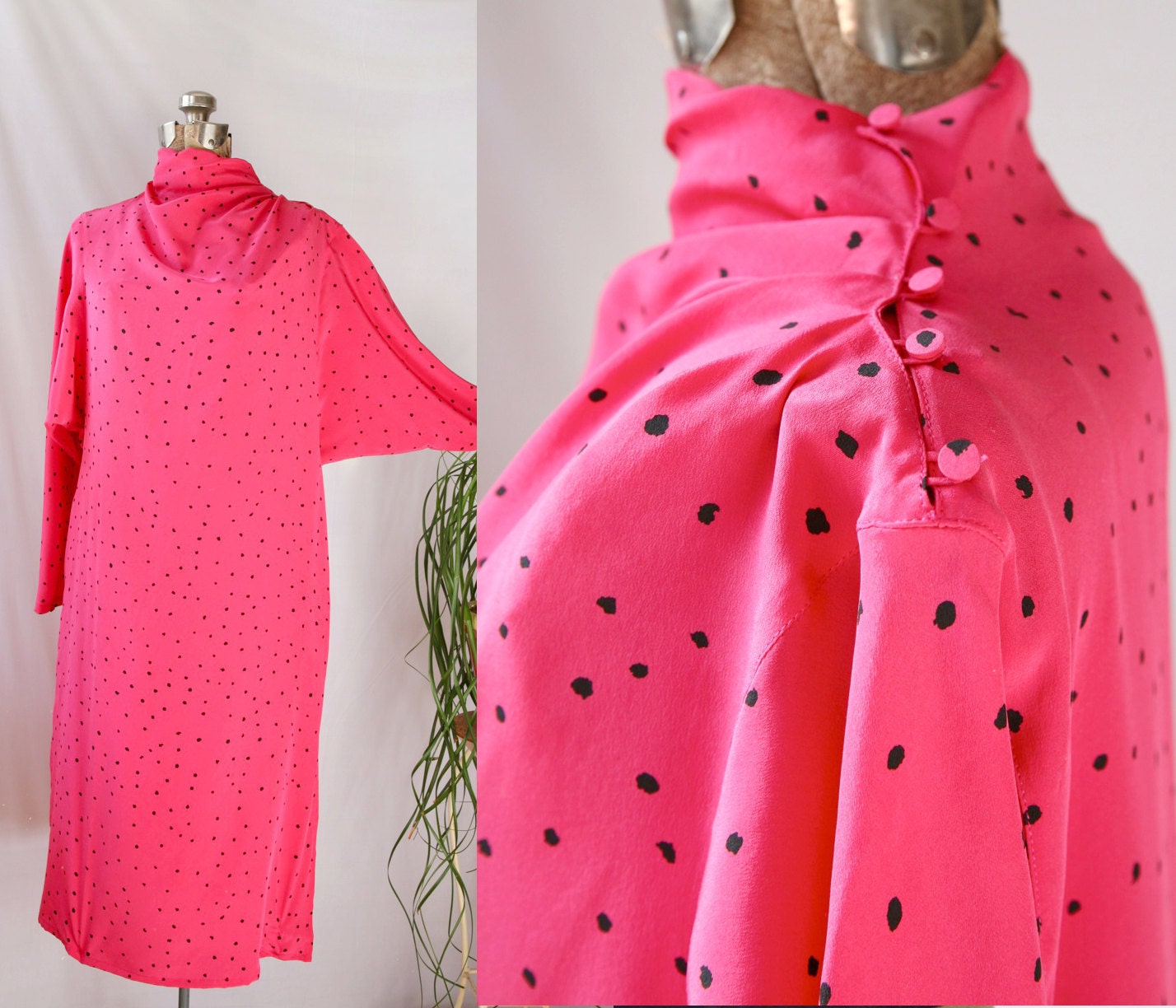 Silk Dress , Nora Noh Hot Pink and Black Dots, Bat Sleeve 80s Vintage Fashion