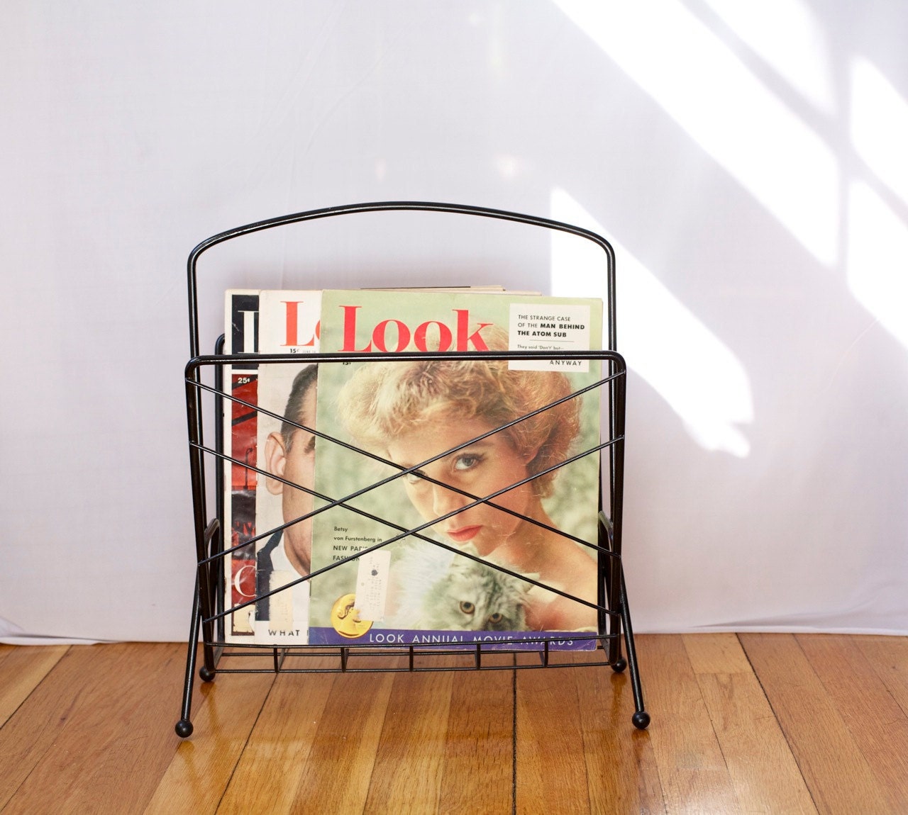 Vintage 50s Wire Magazine Rack , Glossy Black
