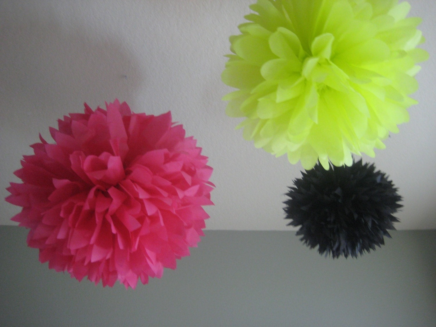 Flashdance - 3 Tissue Paper Pom Poms 80s Retro - Neon Hot Pink and Electric Lime - Dance Floor Decor Prom