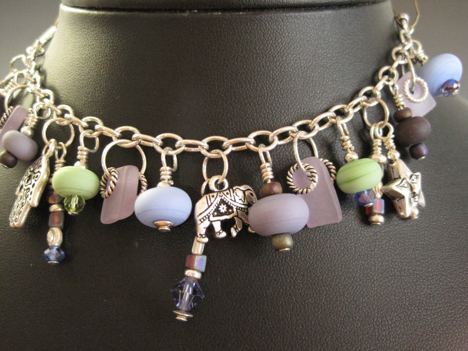 Glass Art Bracelet etched opaque glass lampwork beads flat etched glass beads and sterling silver chain silver and silver plate charms.