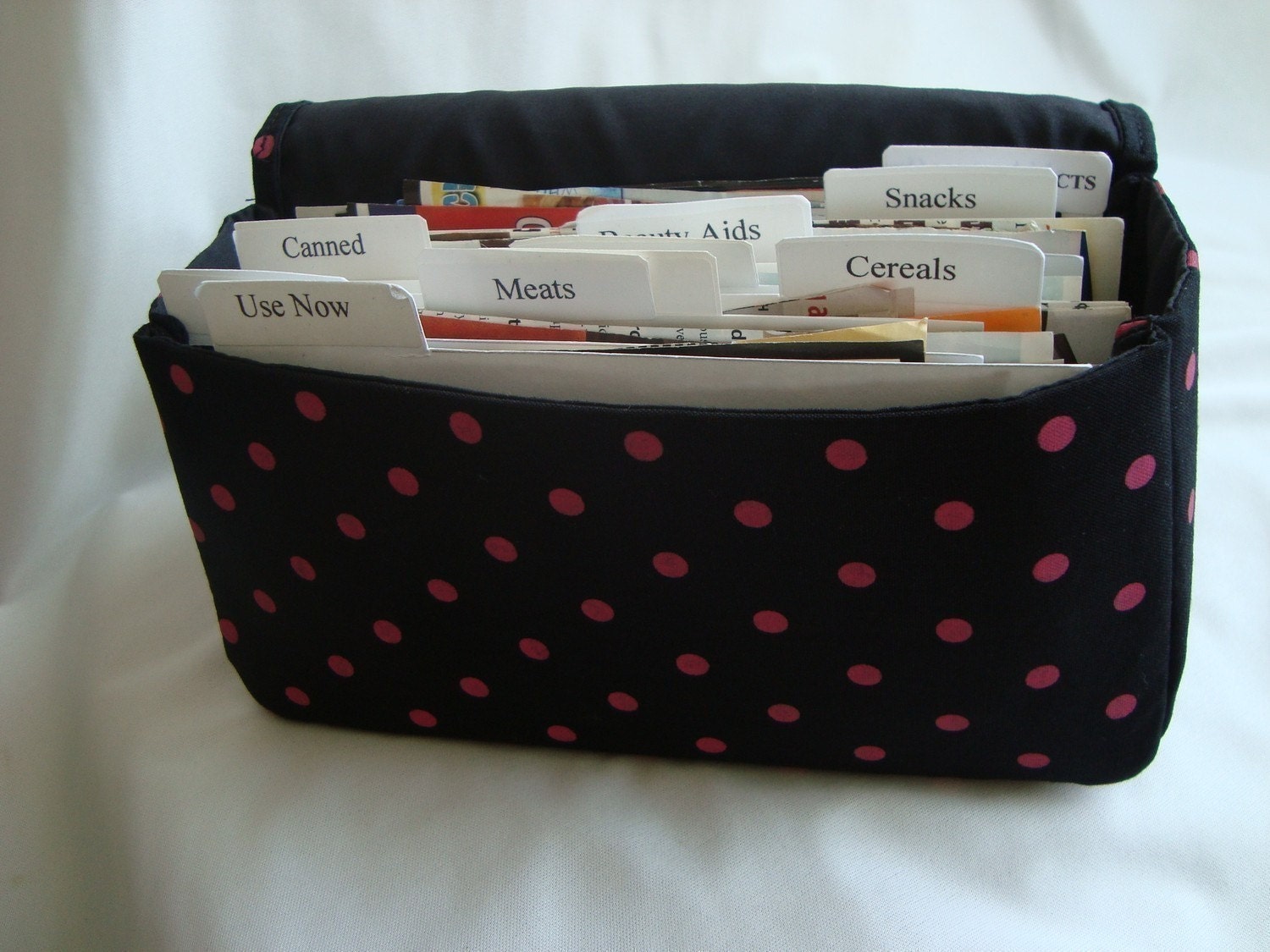 Medium Size Coupon Organizer /Budget Organizer Holder- Attaches to your Shopping Cart- Black with Pink Dots