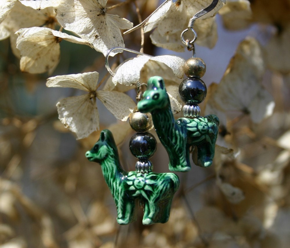 Cute ceramic llama bead earrings with black hematite and silver beads