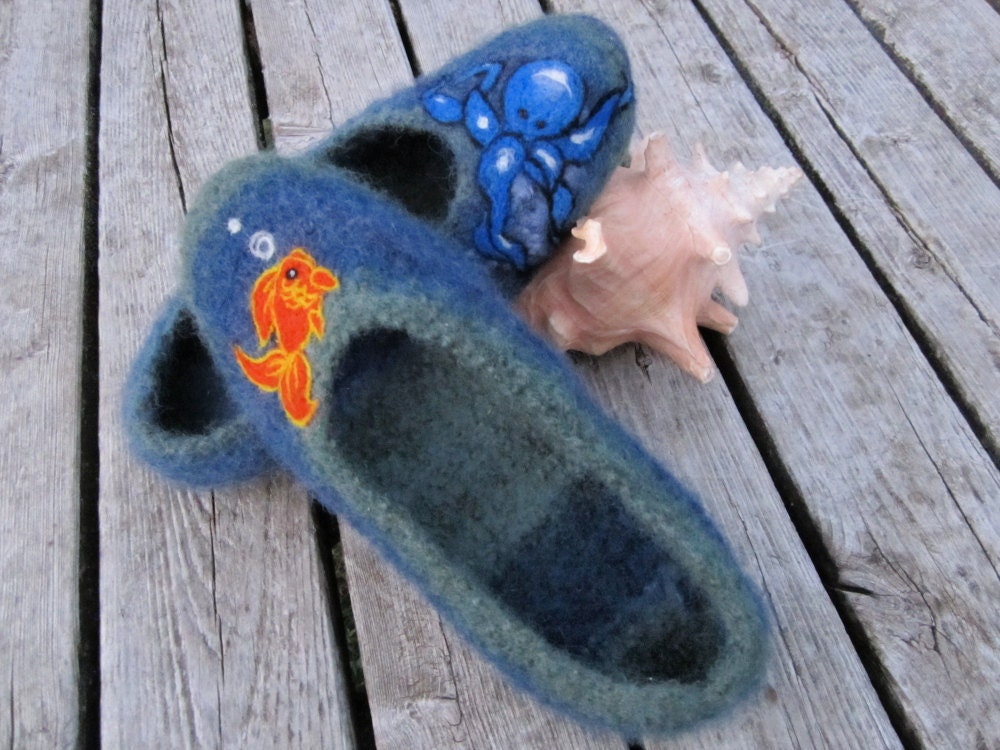 Deep Blue Sea - Felted wool slippers - Womens - Medium - Ready to Ship or choose your size