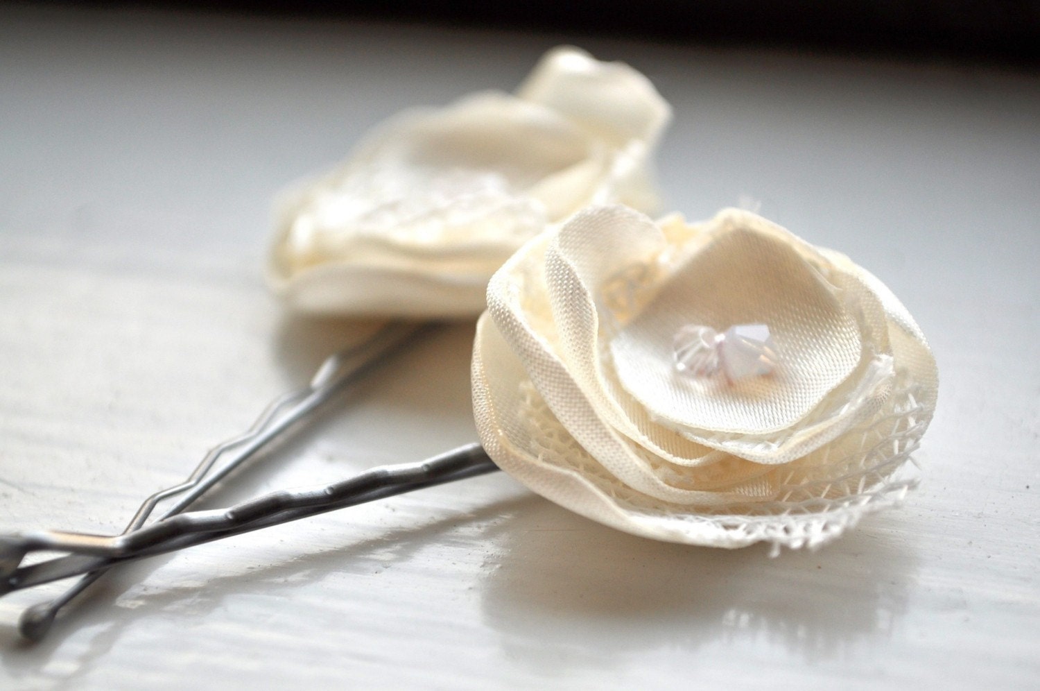 Small Ivory Satin and Lace Hairpin Set - made to order