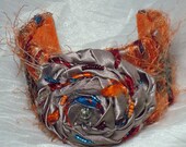 Cuff Bracelet - Metal and Fiber Art - Taupe, Orange, Dark Red and Teal