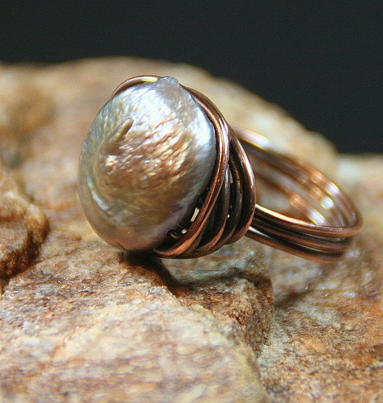 Lavender Coin Pearl and Copper Wrapped Ring