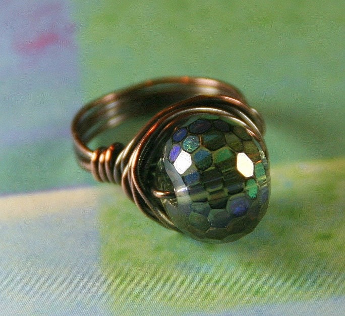 Mystic Fire Polished Disco Bead and Copper Wire Wrapped Ring