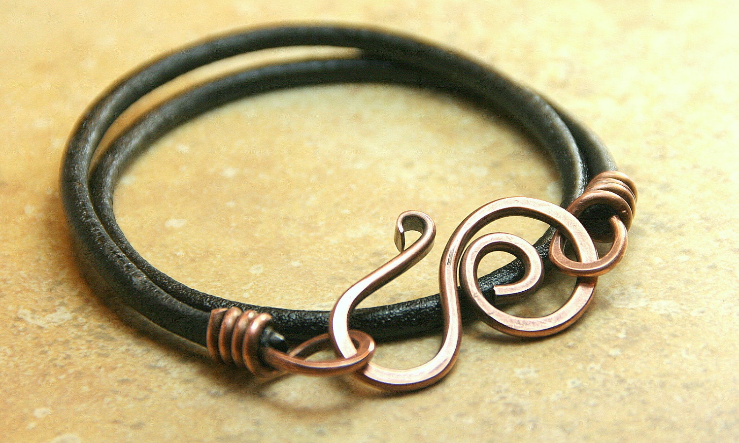 Hammered Copper Swirly Clasp and Leather Wrap Bracelet - Boho