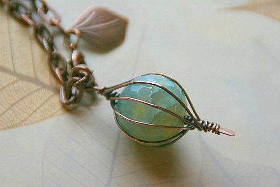 Spring Clearance - Caged Blue Lace Agate Copper Pendant with Heavy Copper Chain