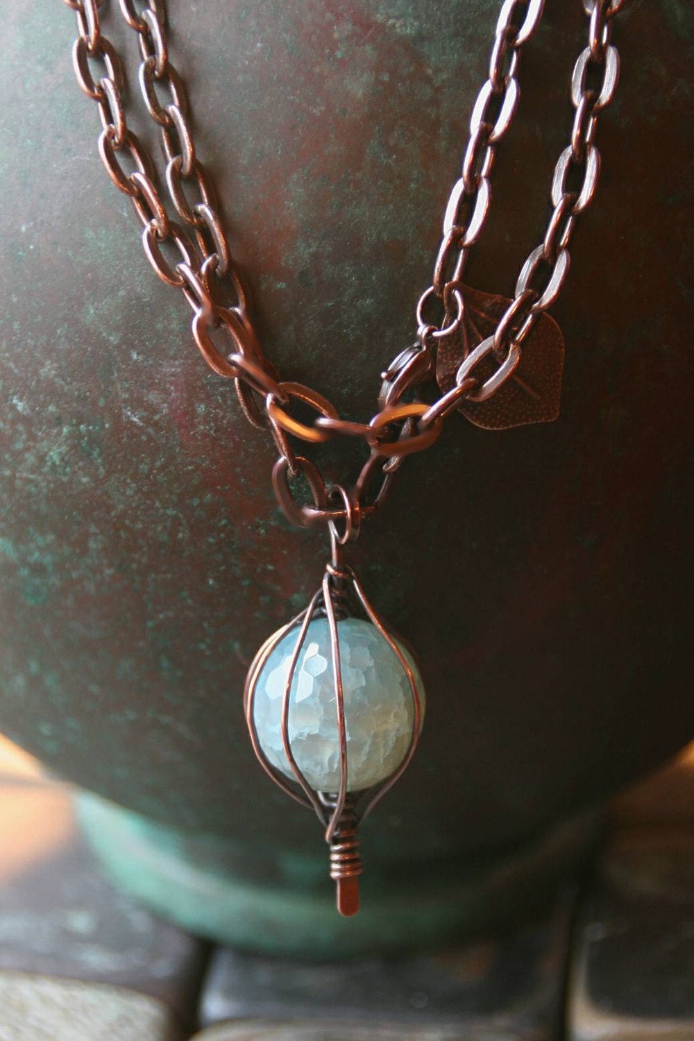 Spring Clearance - Caged Blue Lace Agate Copper Pendant with Heavy Copper Chain