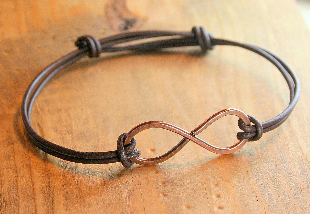 Handcrafted, Hammered Copper and Leather Infinity Bracelet, Adjustable and Unisex
