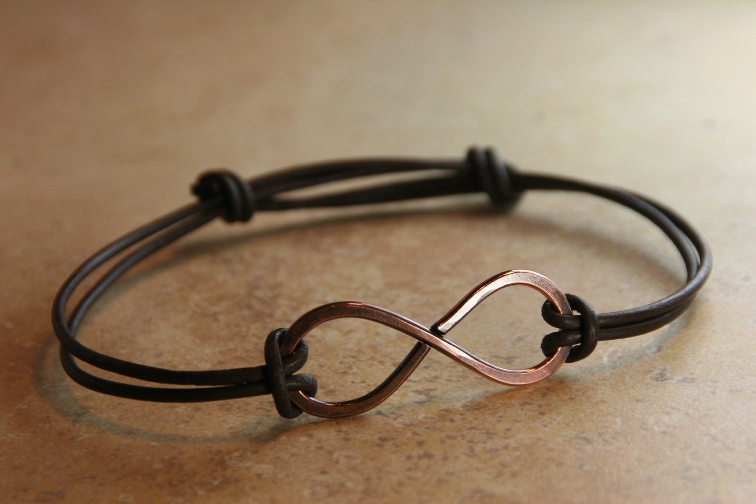 Handcrafted, Hammered Copper and Leather Infinity Bracelet, Adjustable and Unisex