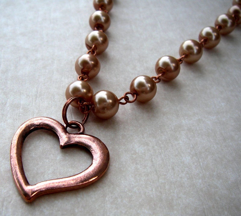 Gold Pearl Necklace - Copper Heart Pendant - Gold Glass Pearl Necklace - Pearl Jewelry
