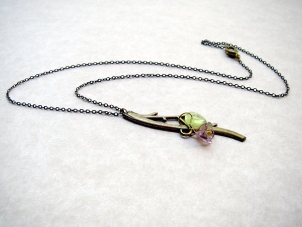 Antiqued Brass Twig Pendant - Purple Flower and Glass Leaf Beads - Beaded Twig Necklace