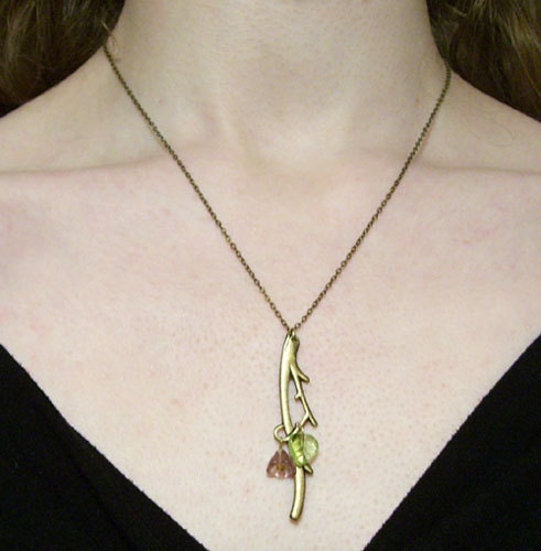 Antiqued Brass Twig Pendant - Purple Flower and Glass Leaf Beads - Beaded Twig Necklace