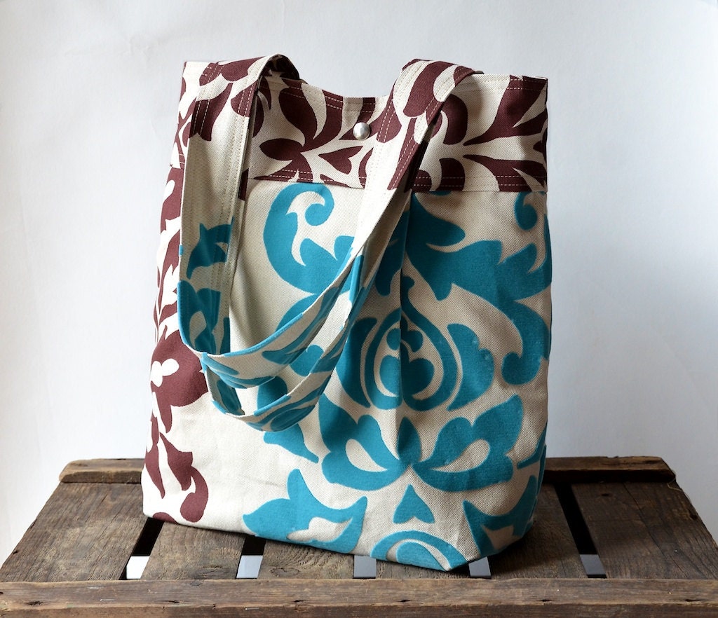 Velvet CHIC Diaper bag Turquoise Flower,leaves and  Rhubarb brown damask ...in dark cream tapestry-W/Double  Straps
